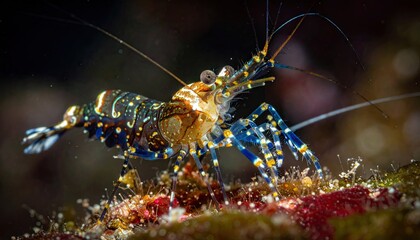 Exotic Spotted Shrimp Underwater on Coral Reef with Detailed Texture and Vibrant Colors in Dark Ocean Depths