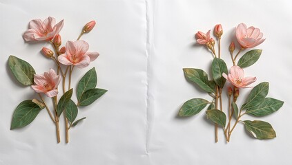 A white sheet displays flowers featuring pink petals, golden buds, and green leaves, highlighting their vibrant colors and design.