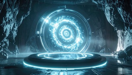 Futuristic glowing blue energy portal with swirling patterns on a circular platform in a dark cave with textured walls and subtle mist illuminated by ethereal light