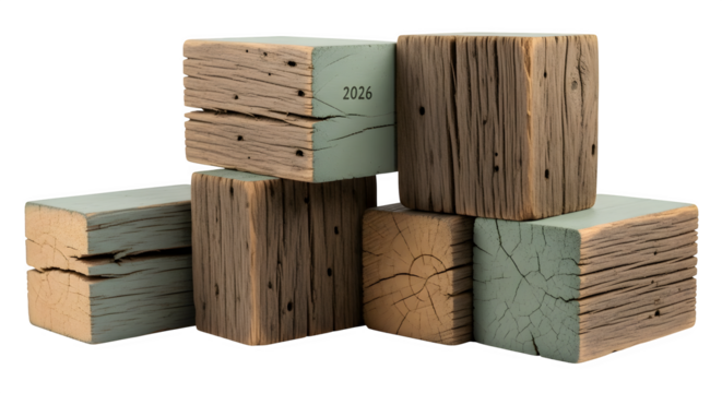 A stack of weathered wooden blocks with a vintage aesthetic, adding rustic charm and character  isolated on transparent background