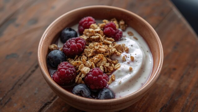 Delicious granola topped with berries and yogurt in a bowl on a wooden surface, fiber-dense choice