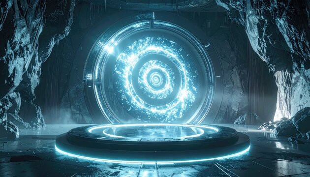 Futuristic glowing blue energy portal with swirling patterns on a circular platform in a dark cave with textured walls and subtle mist illuminated by ethereal light