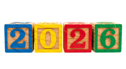 Colorful wooden blocks spelling out 2026, , symbolizing the upcoming year with vibrant childhood nostalgia isolated on transparent background