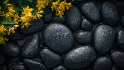 Zen-like spa featuring black stones and yellow plants, promoting relaxation and tranquility