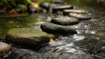 Stream of Water Flowing Between Stones: Capturing the Natural Flow of Life Concept and Peaceful Movement.Water Flow Between Stones, Embodying the Philosophical Concept of Life's Unending Journey.