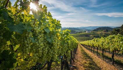 Naklejka premium Prosecco white grapes in a vineyard ready for harvest, fiber-dense choice