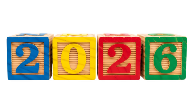 Colorful wooden blocks spelling out 2026, , symbolizing the upcoming year with vibrant childhood nostalgia  isolated on transparent background