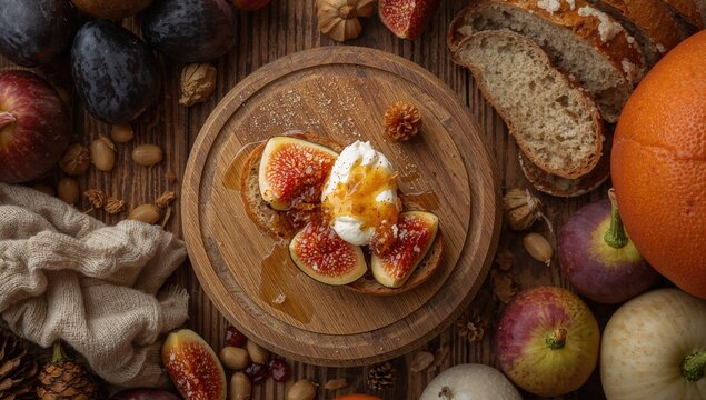 Toasted figs with ricotta and fig marmalade drizzled with honey on a wooden board, nutritious autumn snack
