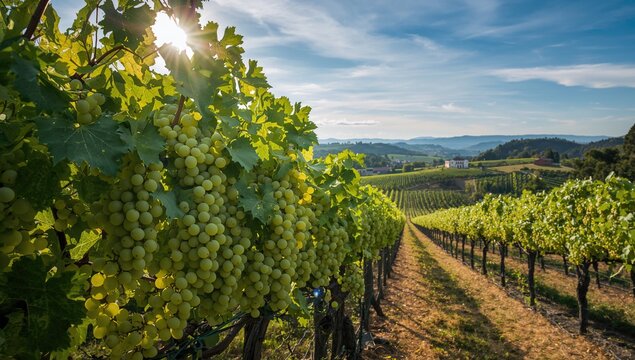 Prosecco white grapes in a vineyard ready for harvest, fiber-dense choice