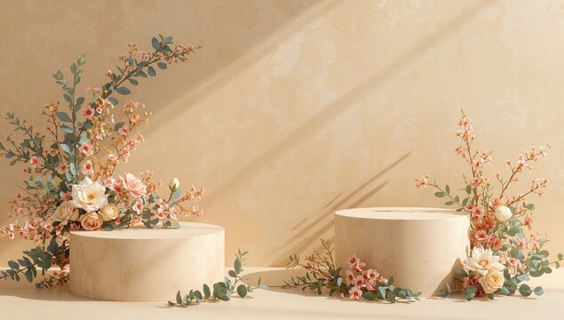 Podiums adorned with vibrant flowers and eucalyptus branch on neutral backdrop, spring season