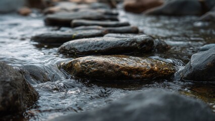 Stream of Water Flowing Between Stones: Capturing the Natural Flow of Life Concept and Peaceful Movement.Water Flow Between Stones, Embodying the Philosophical Concept of Life's Unending Journey.