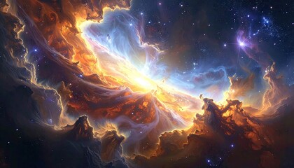 Explosion of Cosmic Dust and Stars in a Vibrant Nebula with Glowing Orange and Blue Hues Amidst the Infinite Expanse of Outer Space