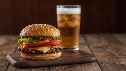 Delicious large hamburger and beer mug on wooden surface, protein-rich meal