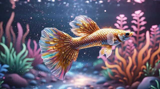 Golden fish swimming in a colorful underwater environment