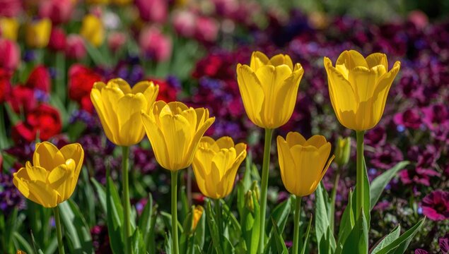 A vibrant garden scene with bright yellow tulips at the front, complemented by bold red and purple flowers in the background, showcasing seasonal change - Powered by Adobe