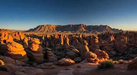 Dramatic landscape of sandstone formations under a clear blue sky at sunset
