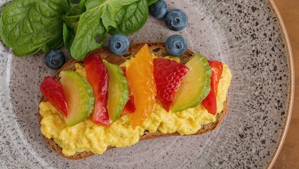 Golden scrambled eggs on whole grain toast, a protein-rich meal with a vibrant assortment of fresh fruit slices