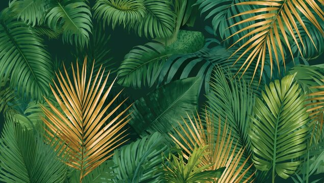 Creative background of tropical palm leaves featuring gold and green tones, ideal for editorial header background