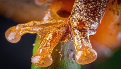Extreme Close Up Macro Shot of a Bright Orange Frog's Toe Pad Clinging to a Green Stem with Detailed Texture and Glistening Droplets