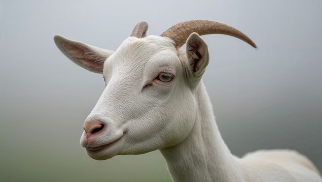 White goat head on a farm, grazing in a pasture, observing dietary habits of livestock