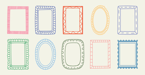 Doodle coastal frame set, hand drawn colorful decorative border collection.  Elegant retro empty banner, poster, placard, postal stamp.