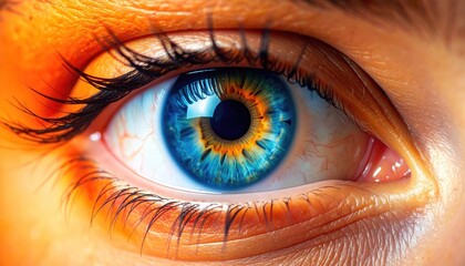Extreme Closeup Macro Shot of a Vibrant Human Eye With Blue Iris and Golden Hues in Warm Golden Hour Lighting