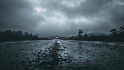 Wet pavement under overcast skies after rainfall, showcasing erosion risk