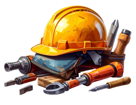 Construction helmet and tools, isolated on a transparent background.