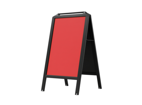 Empty red a frame sidewalk sign for advertising isolated on transparent background