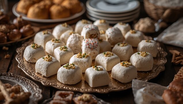 Traditional powdered sugar treats and meringue desserts, homemade and baked delights.