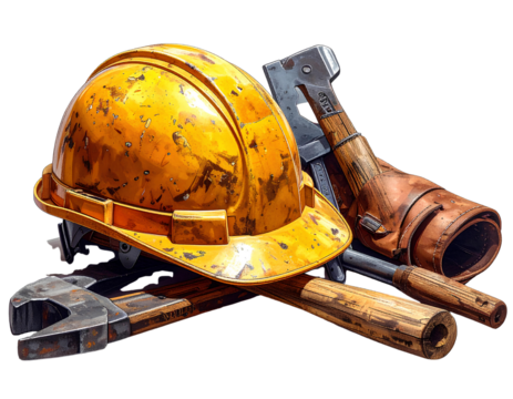 Construction helmet and tools, isolated on a transparent background.