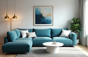 Modern living room features stylish teal blue sectional sofa with white accent pillows. Gold pendant floor lamp provides light. Abstract artwork hangs on white wall. Green houseplant, round coffee