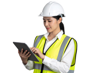 Female construction worker using a tablet, isolated on a transparent background.