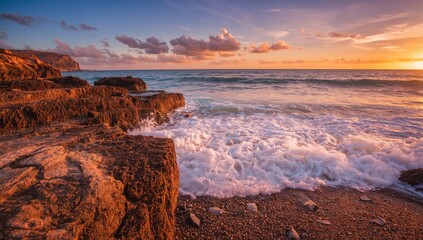 Coastal allure, Waves unveiling charm on rugged shoreline during sunset