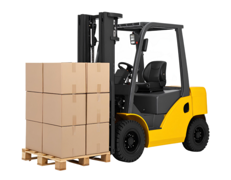 Yellow forklift carrying cardboard boxes on wooden pallet, side view, isolated on a transparent background.