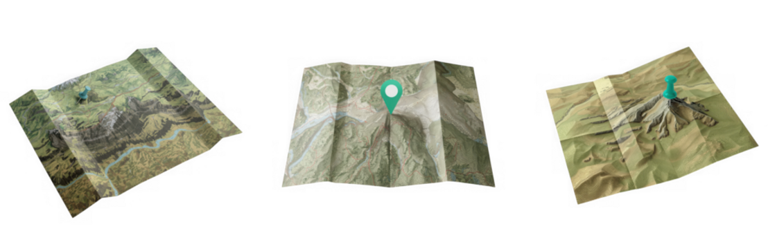 Three folded topographic maps with location pins isolated on transparent background - Powered by Adobe