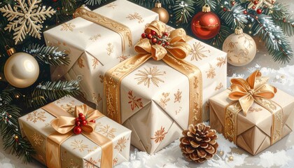 Festive Christmas Presents Wrapped in White and Gold Paper Tied with Golden Ribbons and Decorated with Pinecones and Ornaments Amidst Snowy Pine Branches