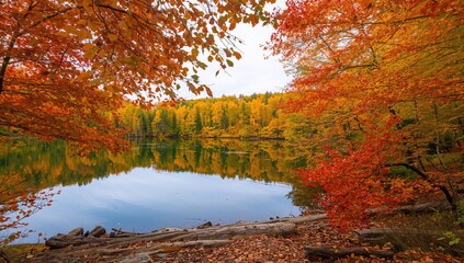 Fototapeta premium Autumn lake view surrounded by vibrant foliage, seasonal change