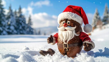 Festive Coffee Bean Santa Claus Figure Standing in Fresh Snow During a Sunny Winter Day with Pine Trees in the Background