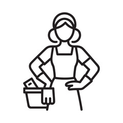 Line art icon of a woman with cleaning supplies