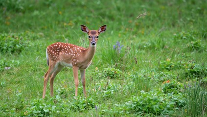 Graceful fawn poised on a verdant field, encapsulating the purity and allure of serene natural scenes