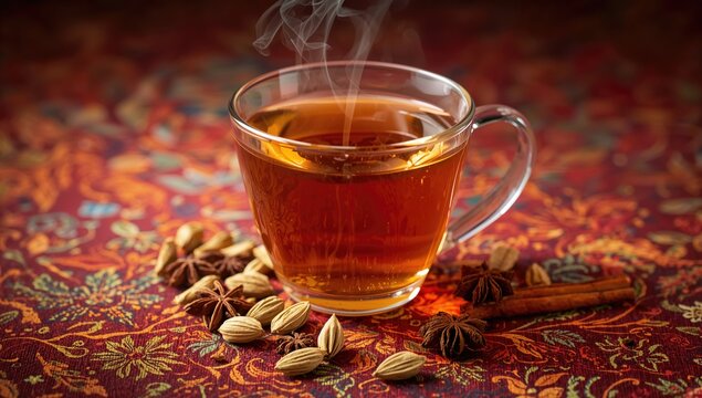 Masala tea in a glass cup featuring cardamom, star anise, and cinnamon, a warming beverage option for tea enthusiasts