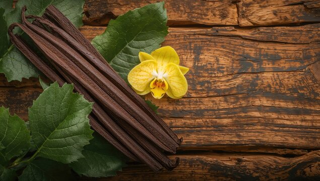 Vanilla pods and orchid flower arranged on wood surface, ideal for culinary presentations