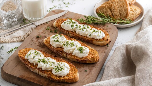 Homemade crispy rye toasts topped with ricotta and herbs, fiber-dense choice