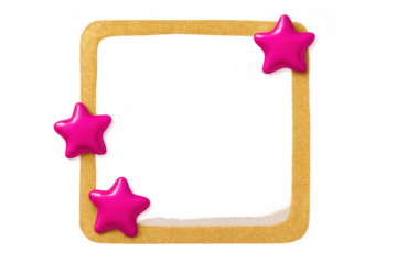 Golden textured square frame with shiny pink stars, decorative border element for design, 3d rendering isolating objects