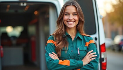 Smiling female paramedic stands with folded arms near an ambulance. She wears a uniform. Happy woman looks at camera. Healthcare worker poses outdoors. Emergency medical services concept.