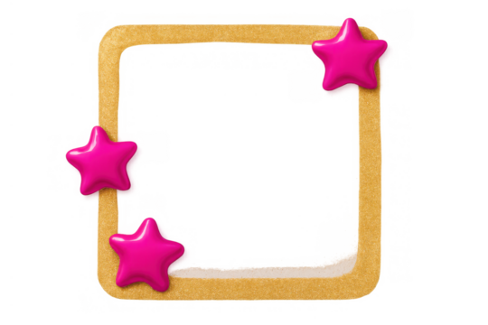 Golden textured square frame with shiny pink stars, decorative border element for design, 3d rendering isolating objects