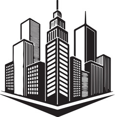 Fototapeta premium Bold high-contrast black-and-white cityscape silhouette vector featuring geometric buildings, long shadows, clean lines, strong symmetry, and a modern professional composition.
