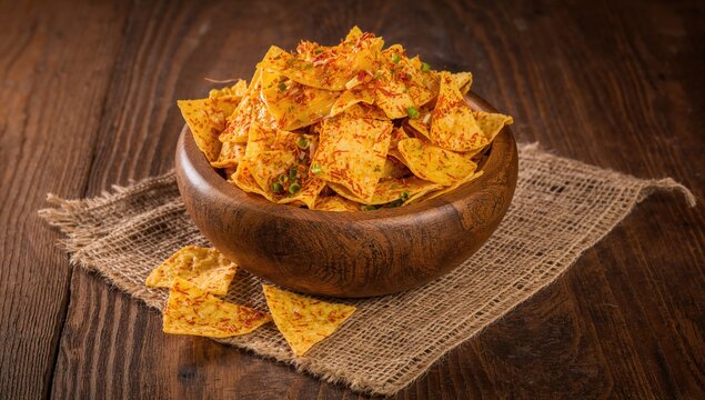 Nachos served in a rustic wooden bowl on a burlap surface, fiber-dense choice