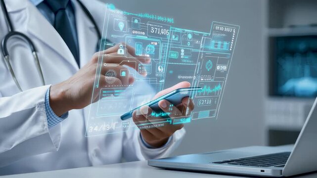 Doctor using mobile health app with holographic interface for telemedicine, remote care, and digital patient monitoring through smart connected technology.